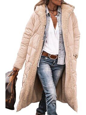 Women's Beige Winter Fleece Warm Long Coats Sherpa Faux Fur Hooded Neck Coats